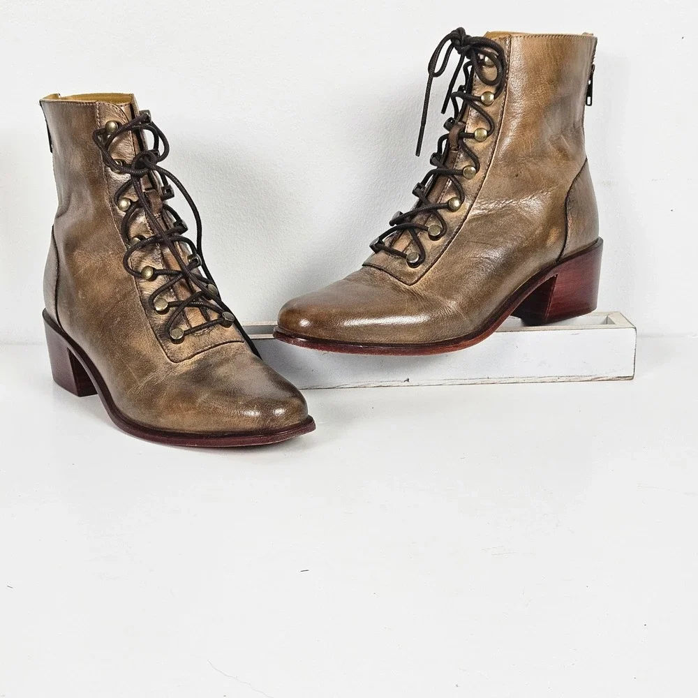 Free People Eberly Victorian Lace-Up Bronze Leather Ankle Boots Women Size 40